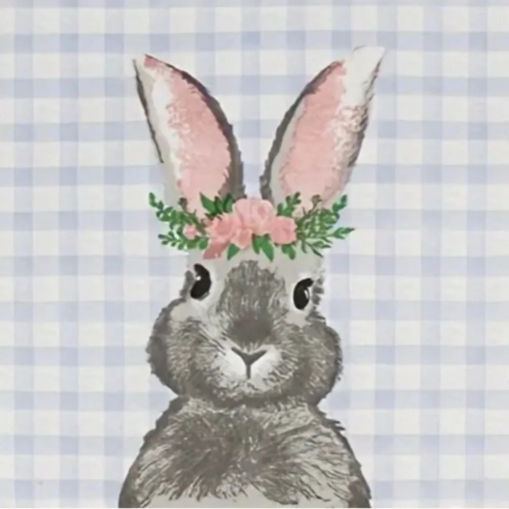 Set of Two (2) Individual Floral Crown Gingham Bunny Rabbit Decoupage Napkins